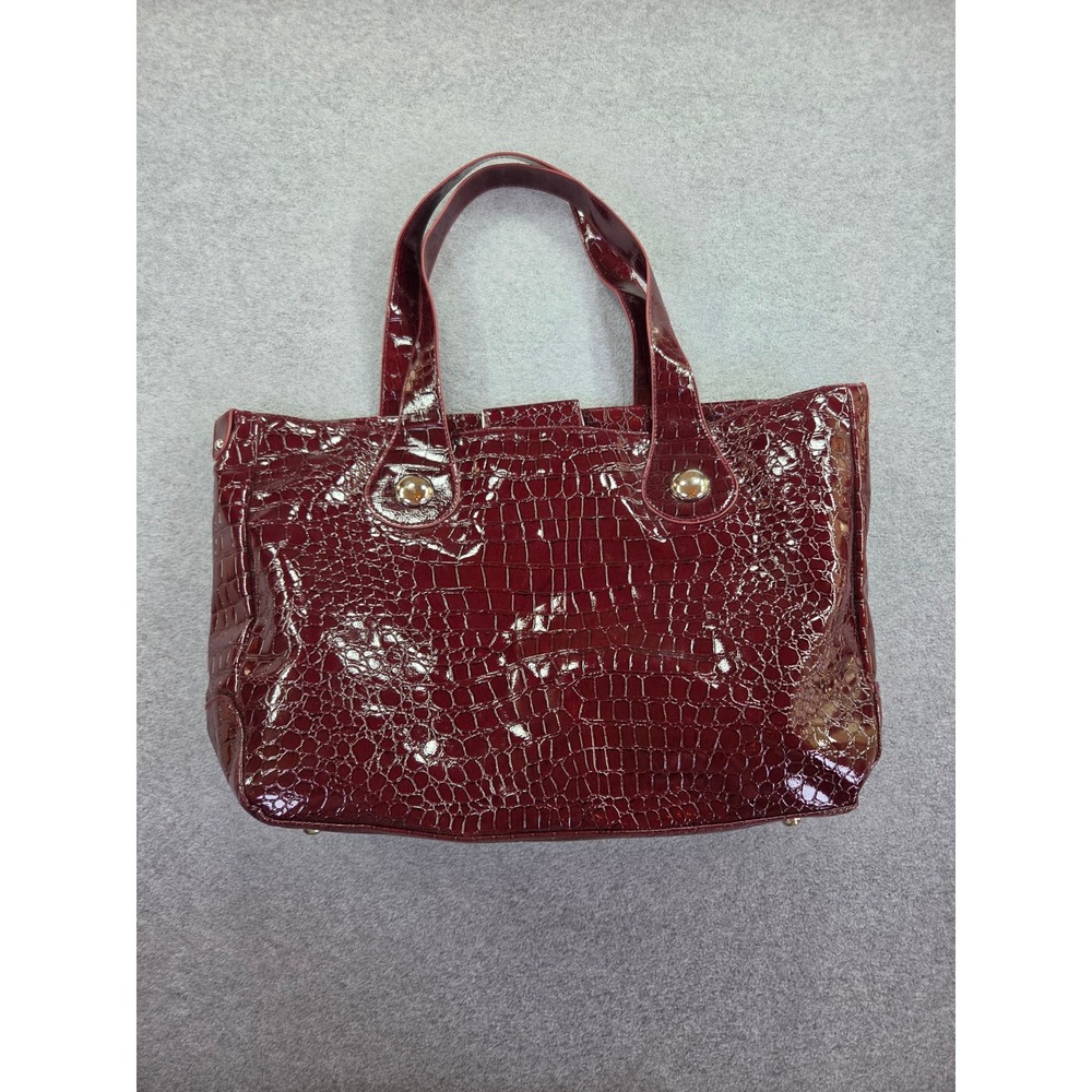 Avon Burgundy Faux Croc Patent Leather Tote Bag Work Purse Silver Hardware